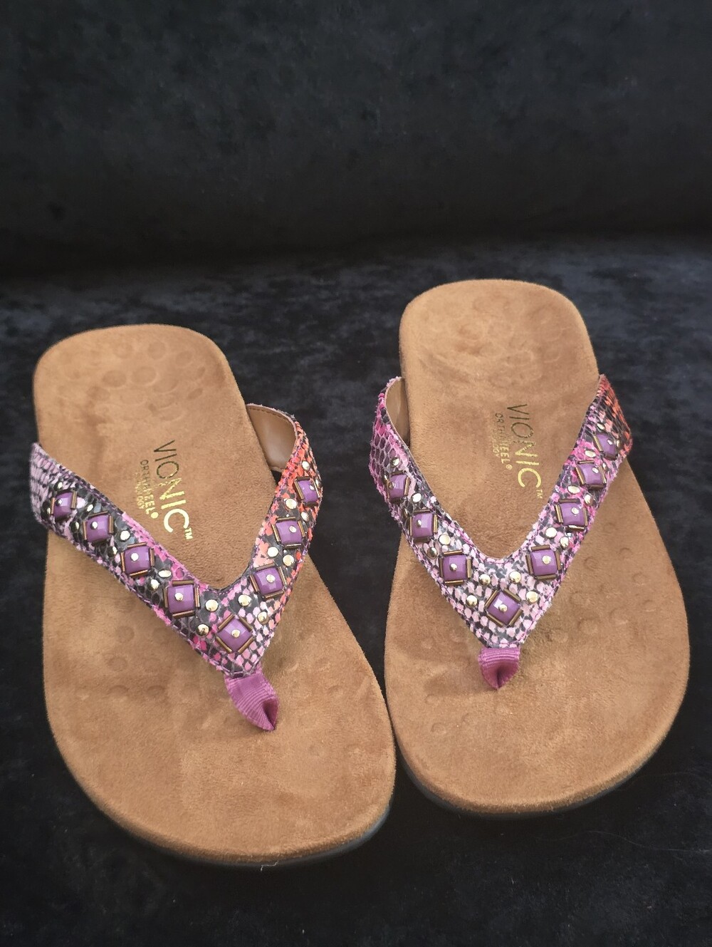 Vionic Orthaheel Pink Python Print Embellished Thong Sandals